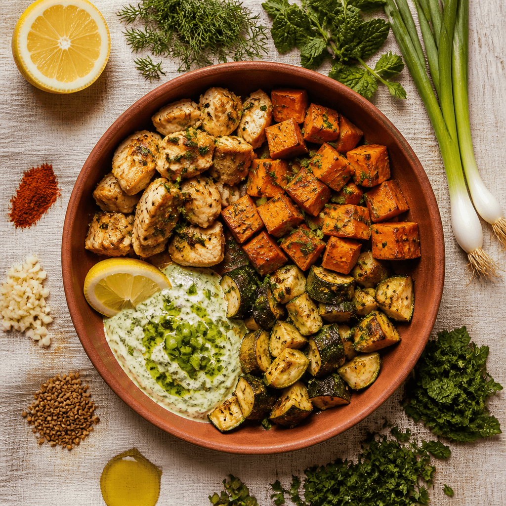 Émincé de poulet avec patates douces rôties et courgettes rôties