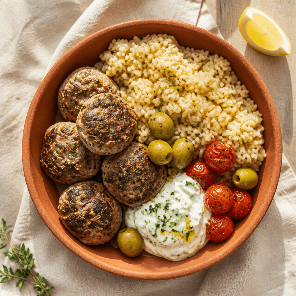Keftedes de Cyclades au ouzo avec riz complet et lentilles jaunes